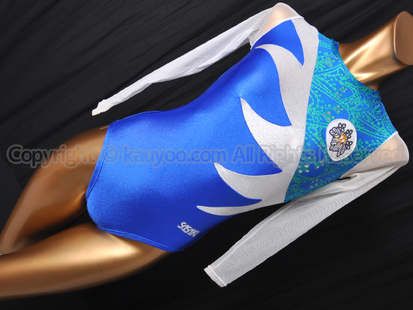 【買取】SASAKIササキスポーツ7000ロングスリーブ体操レオタード ワッペン付 ブルー×シルバー×青柄